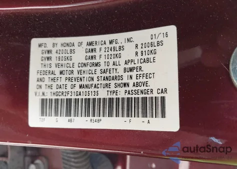 2016 Honda Accord Lx from USA, damaged, VIN 1HGCR2F31GA105135